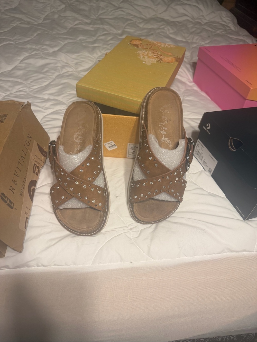 Crystal studded leather very soft insole Criss-Cross Brown Women’s Slide Sandals
